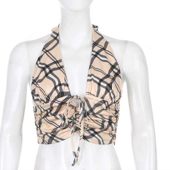 LAST Small Plaid Print Crop Top Backless Tie Halter Top Ruched Cami‎ - Picture 3 of 7